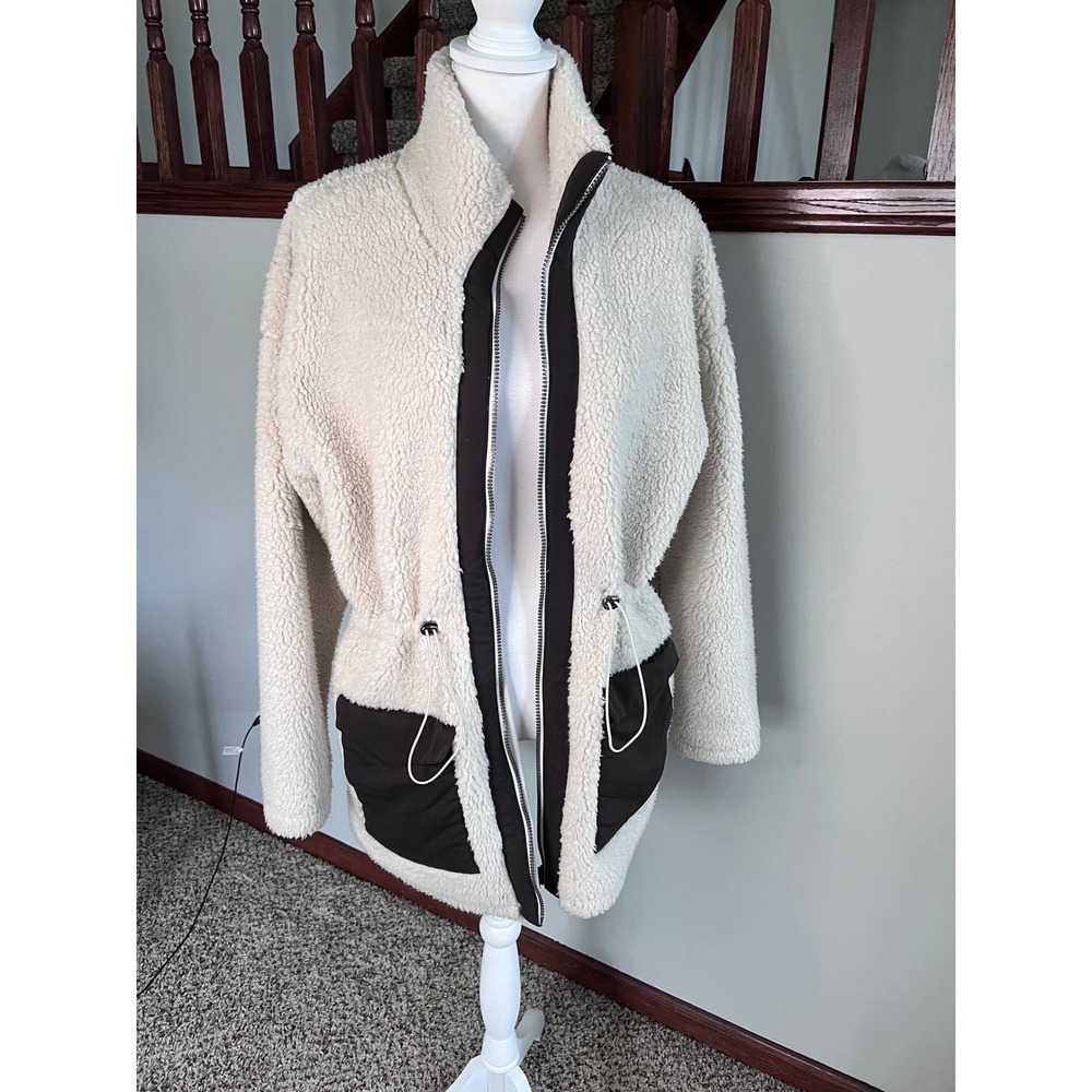 Te Verde Womens Sherpa Fleece Full Zip Jacket Cream Black L Drawstring Waist